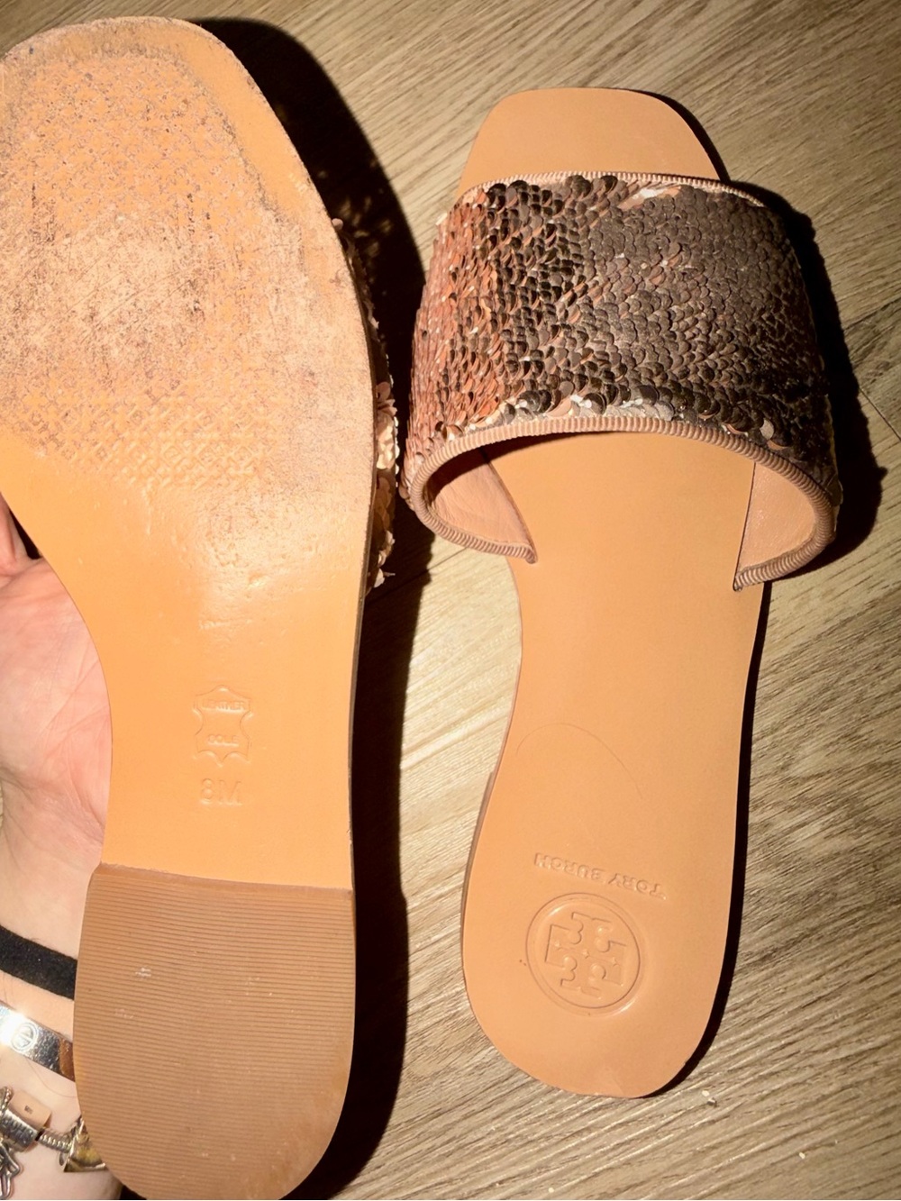 Tory Burch Tan Sequin-Embellished Slide Sandals